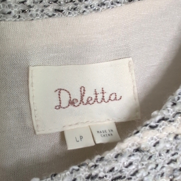 Anthropologie Deletta Feather Trim Boucle Knit Sweater Short Sleeve Lined LP - Picture 10 of 15